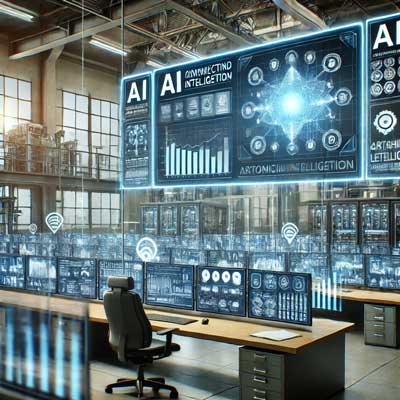 A high tech control room in a connected factory showcasing Artificial Intelligence and Machine Learning