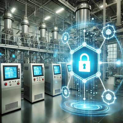 A scene in a connected factory highlighting cybersecurity