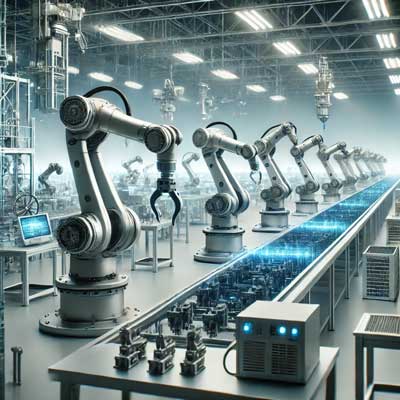 An advanced connected factory with robotic arms performing precise assembly tasks on a production line